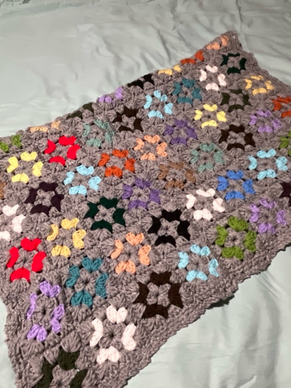 Gray Crochet Throw with Multicolor Flower Motifs - Handmade Accent Blanket
